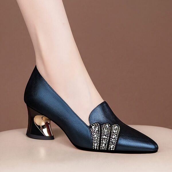 Women'S Elegant Deep Blue Pointed-Toe Block Heel Pumps with Sparkling Rhinestone Bow Detail - Mid-Heel Synthetic Cover Dress Shoes for Fall, Formal Events & Office Wear, Formal Footwear, Sophisticated Style, Durable Rubber Sole - Image 5