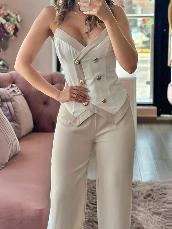 Elegant Two-Piece Color Block Set - Sleeveless, Strapless, Casual Fashion with Fake Buttons, Spring/Summer Style, Casual Attire|Strapless Top|Pleated Detail - Image 7