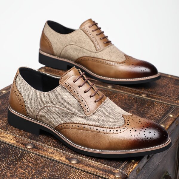 Men'S Vintage Business Casual Shoes - Low-Top Lace-Up Dress Shoes with Pointed Toe, Faux Upper & Inner, Rubber Sole & Insole, Beige & Brown Striped Design for Daily & Professional Wear, Classic Dress Shoes, Fabric Lined Interior - Image 7