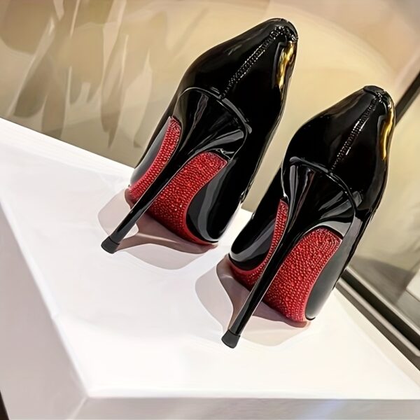 Women's Pointed Toe Glossy Synthetic Cover Stiletto High Heel Pumps - Black with Red Accents, All-Season Versatile Dress Shoes for Formal & Casual Outfits, Stiletto Heels, Formal Footwear, Durable Rubber Sole, Polished Finish Shoes - Image 4