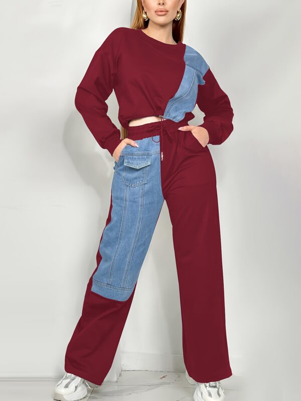 Women'S Casual Patchwork Jumpsuit - Gray & Blue, Long Sleeve, Crew Neck, Pockets, Perfect for Vacation, Outdoor, Home, Dance Party, Holiday Style, Holiday Casual Wear | Trendy Casualwear | Stylish Jumpsuit - Image 2