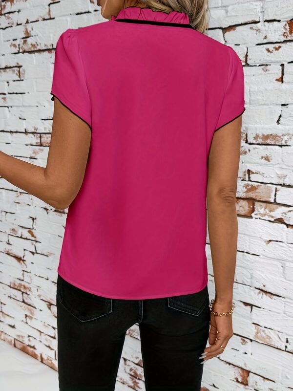 Elegant Women's Contrast Color Block Short Sleeve Shirt - Black & White Contrast Collar & Bow Tie Detail, Regular Fit Machine Washable Spring Summer Casual Office Wear, Spring Fashion, Classic Collared Top, Smooth Fabric, Stylish Blouse, Fashionconscious Women, Spring Fashion Top, Lightweight Fabric, Collared Blouse, Adult Women - Image 35