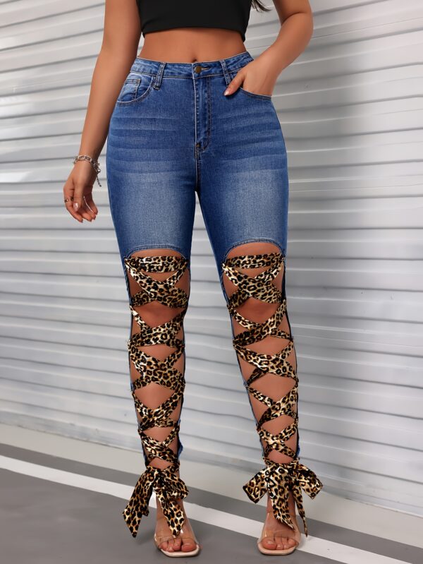 Leopard Print Lace-Up Skinny Jeans - High Waist, Stretch Denim with Cut-Out Detail, Machine Washable, Kiki Angel - Image 8