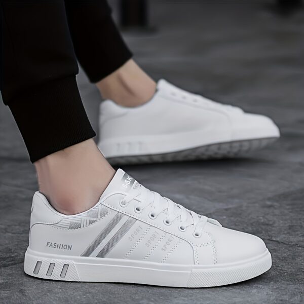 KOONEXY Men's Low-Top Casual Sneakers - White with Striped Accents, Breathable Fabric Lining & Cushioned Comfort for All-Season Outdoor Sports & Casual Attire, Sleek Shoe Design, Durable Traction Footwear, Minimalist Style, Quality Construction, Daily Wear - Image 5