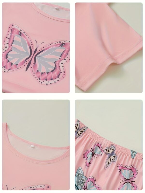 2pcs Casual Butterfly Print Pajama Set, Round Neck Short Sleeve Top and Elastic Pants, Women's Sleepwear - Image 7