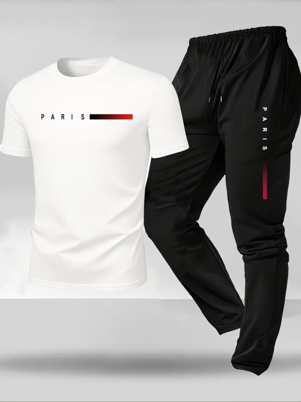Men's Letter Print Short Sleeve Long Pants Loungewear Set - Image 4