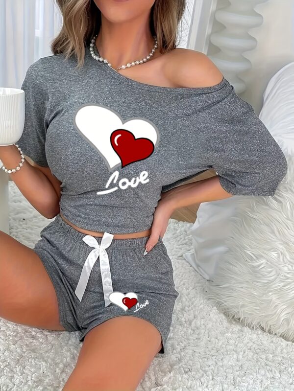 3pcs Women's Spring and Summer Pajama Set - Simple Heart Print Round Neck Short Sleeve Top with Bow Elastic Waist Shorts & Long Pants, Comfortable Casual Home Wear Outfit - Image 22