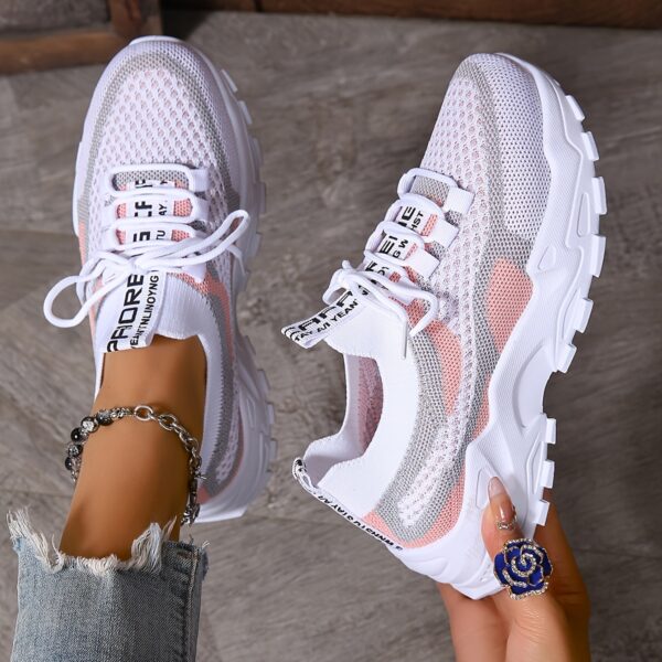 Women's Fashion Breathable Mesh Sneakers - Comfortable Low-Top Casual Lace-Up, Thick Sole Sneakers in Black/White, Beige/Grey, and Blue/Pink, Geometric Pattern, All-Season Wear - Image 6