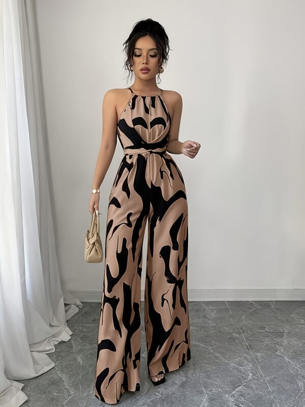 Women'S Elegant Halter Neck Jumpsuit with Tie Waist & Wide-Leg Print - Brown & Black Geometric Pattern, Sleeveless Ruched Design for Vacation & Casual Wear, Vacation Outfit, Stylish Backless, Comfortable Fit - Image 7
