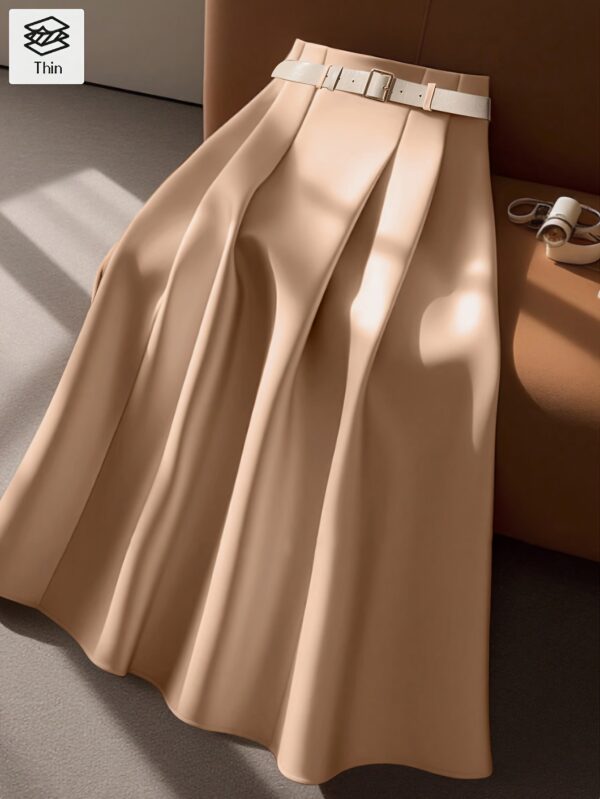 Women's Elegant Belted A-Line Midi Skirt - Adjustable Waist with Decorative Buckle, Flared Hem, Solid Color, Machine Washable for Spring Summer Fall, Casual Chic Wear, Smooth Fabric Finish - Image 3