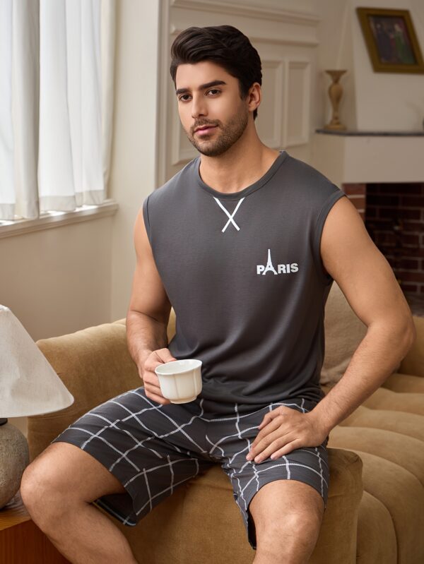 Casual and Minimalist Summer Pajama Set for Men: Cool Tank Top and Shorts, Stylish Home Wear Outfit - Image 4