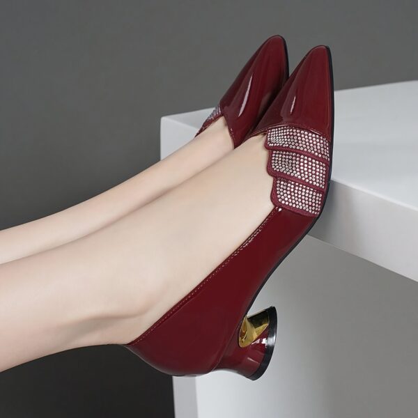 Women's Burgundy Pointed-Toe Block Heel Pumps - Comfortable Mid-Heel Dress Shoes with Decorative Bow Detail, Glossy Synthetic Cover & Non-Slip Rubber Sole for Autumn Office & Formal Events, High Heel Shoes, Event Footwear, Durable Grip Footwear