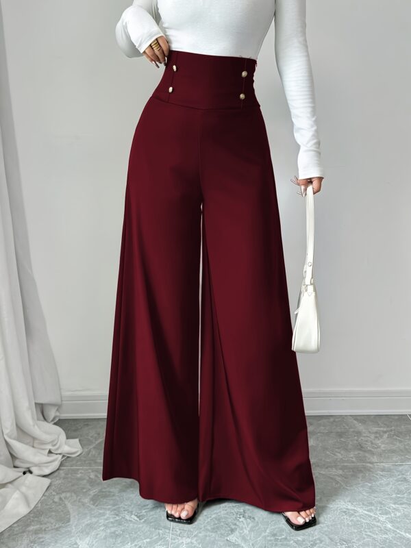 Elegant High-Waist Wide Leg Pants for Women - Burgundy Solid Color with Double-Breasted Detail, Flowy Design, Machine Washable, Perfect for Spring Office or Casual Outfits, Professional Workwear, No Stretch Fabric