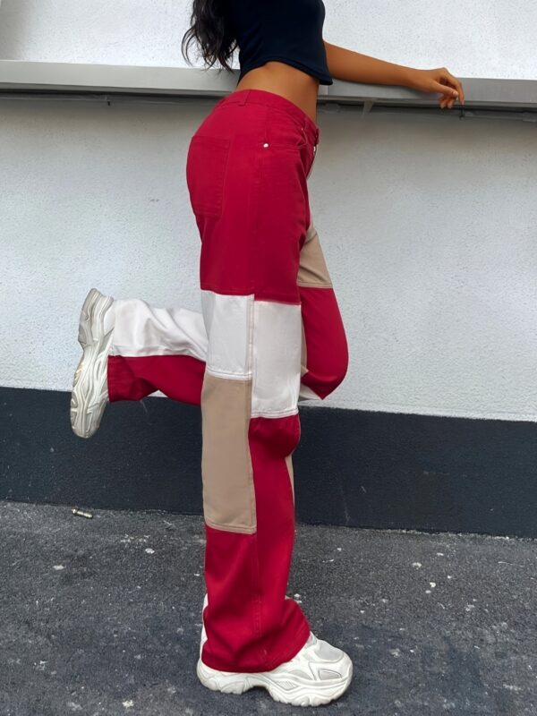Women'S Streetwear Cargo Pants - Loose Fit, Asymmetrical Color Block Design in Red, Beige & White, Elastic Waistband with Drawstring, Side Pockets, All-Season Casual Wear, Streetwear Fashion | Asymmetrical Design | Elastic Waistband Pants - Image 5