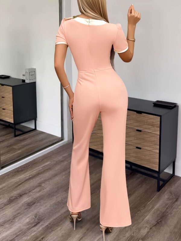 Women's Elegant Round Neck Short Sleeve Jumpsuit with Bow Tie Detail - Fitted Solid Color Romper, Machine Washable Non-Stretch Fabric for All-Season Wear, Chic Casual to Formal Outfits, Clothes for Ladies, Formal Attire, Sophisticated Tailoring - Image 3