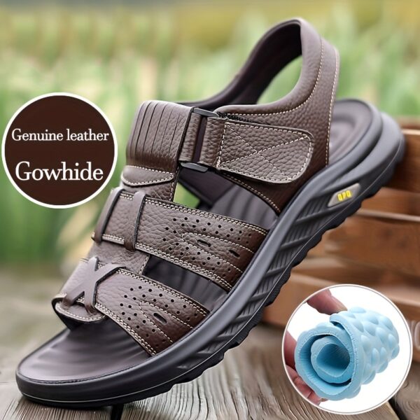summer 2025 Men's lightweight Genuine Leather sports sandals with adjustable buckle straps, featuring exquisite Genuine Leather uppers and anti-slip durable soles. Available in 3 colors for all-day comfort and breathability, suitable for daily wear and outdoor commuting. Offers a full range of sizes (9 options) to fit various foot types, including water-friendly designs at an excellent value