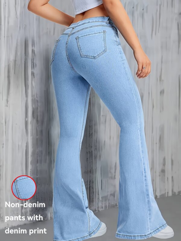 Women's Stretch Flared Imitation Denim Pants - Light Blue Washed Slim-Fit Leggings, Machine-Washable All-Season Comfort, Elegant Flared Leg Design, Non-Transparent & Not Jeans, Comfortable Fashion, Stylish Flared Leggings, Durable Fabric Leggings, Versatile Bottoms, Slim Fit, Highquality Fabric, Trendy Women - Image 2