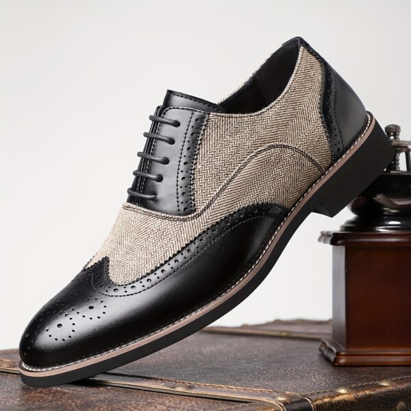 Men'S Vintage Business Casual Shoes - Low-Top Lace-Up Dress Shoes with Pointed Toe, Faux Upper & Inner, Rubber Sole & Insole, Beige & Brown Striped Design for Daily & Professional Wear, Classic Dress Shoes, Fabric Lined Interior - Image 3