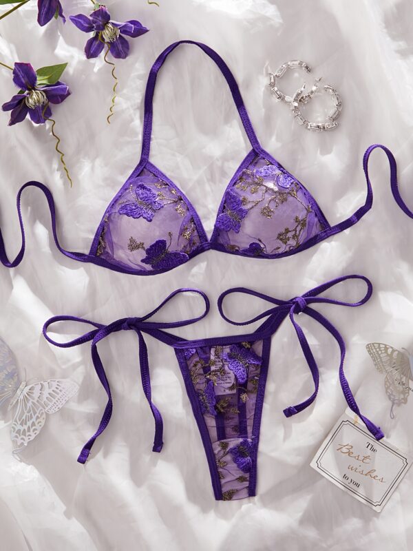 Y975 Butterfly Embroidery Mesh Lingerie Set - Sexy Drop Waist Thong with Golden & White Butterfly Design, Light Support, No Padding, Adult Women'S Fashion, Elegant Lingerie|Butterfly Print|Elastic Fabric