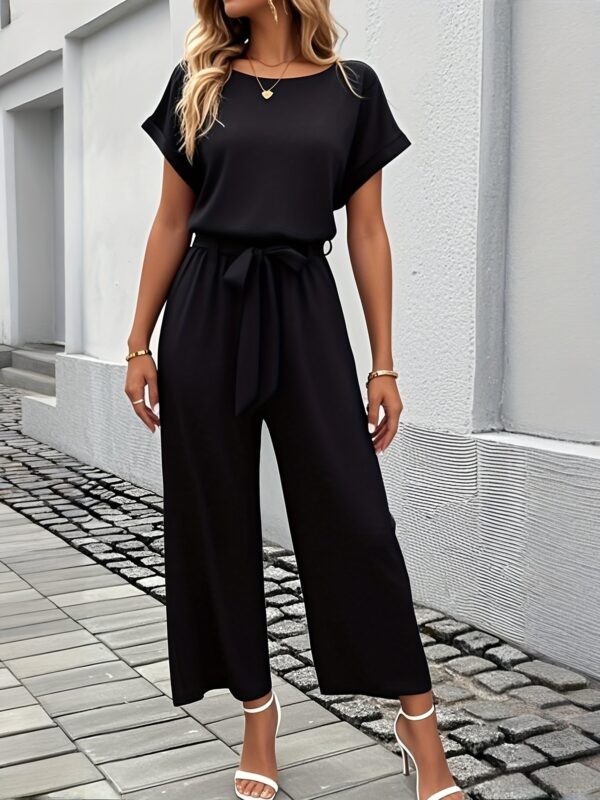 Elegant Women'S Summer Jumpsuit - Stylish Black, Stretchy Polyester, Crew Neck, Short Sleeve, Wide-Leg with Elastic Waistband, Casual Weekend Attire, Casual Attire | Stylish Jumpsuit | Comfortable Fit