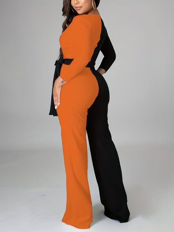Women's Elegant Long Sleeve V-Neck Color-Block Jumpsuit - Adjustable Tie Waist Wide-Leg Romper, Black to Yellow Ombre, Machine Washable All-Season Vacation & Casual Outfit, Ladies Rompers And Jumpsuits, Sophisticated Design - Image 11