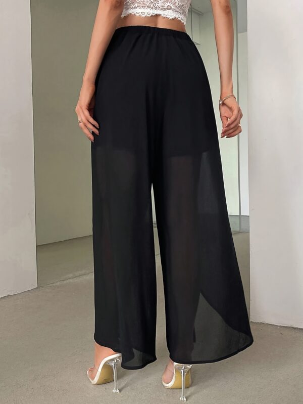 Women's Elegant V-Shape High-Waisted Flared Pants - Navy Blue Wide-Leg Trousers for Casual & Professional Wear, Machine Washable Non-Stretch Fabric, Spring Summer Fall Office to Weekend Transition, High Waist Pants, Transitional Wardrobe Staple, Flowy Fabric Trousers - Image 4