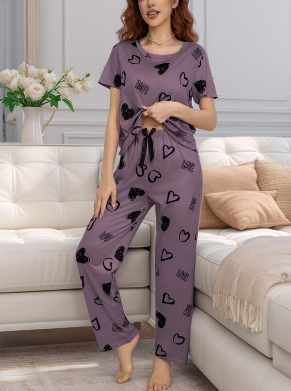 Women'S Short Sleeve Pajama Set with Love and Bow Pattern, Casual Home Wear - Image 10