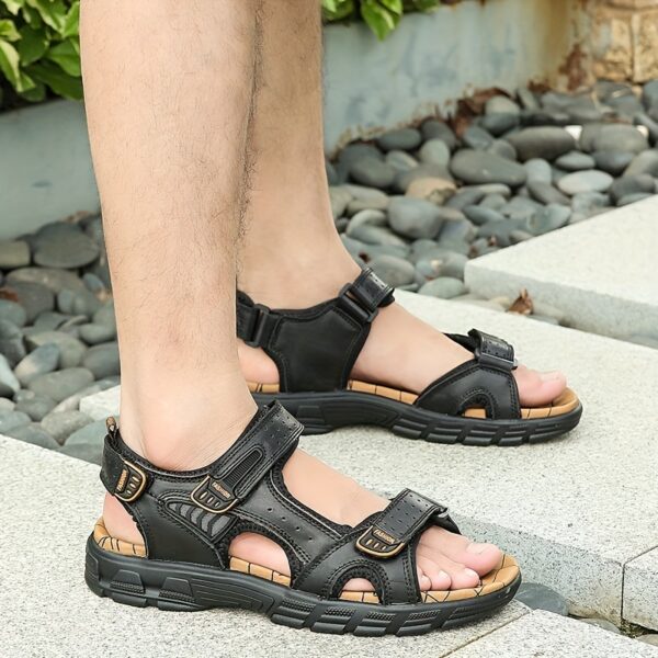 Men's Genuine Leather Summer Sandals with Closure, Thick Sole, Open Toe, High Quality, Lightweight & Breathable for Beach, Hiking, and Casual Wear, Casual Outdoor Shoes | Patterned Leather Sandals | Rubber Sole Sandals - Image 4