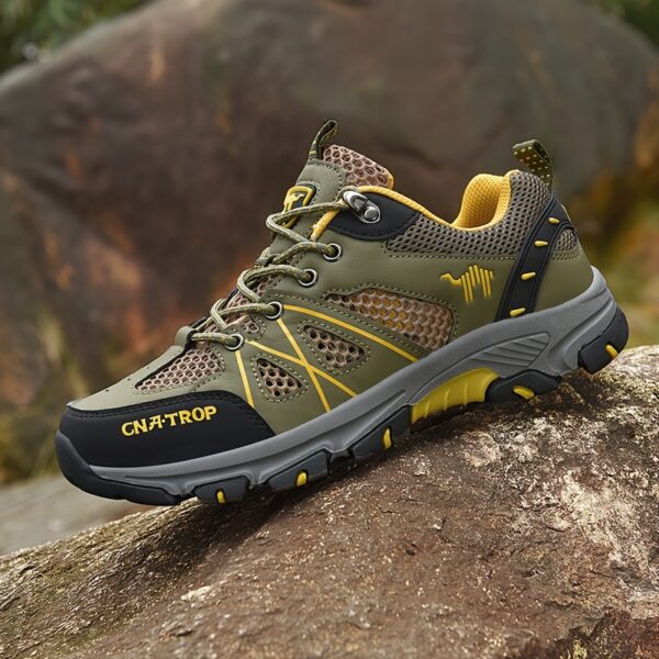 CANEMON Men's Low-Top Hiking Shoes - Breathable Mesh, Anti-Slip TPR Sole, Odor-Resistant & Durable - All-Season Outdoor & Casual Sport Shoes with Striped Design (Green/Yellow), Adventure Footwear | Sporty Hiking Shoes | Durable Hiking Shoes