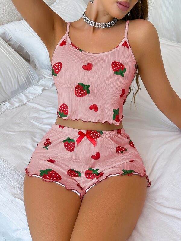 Strawberry Print Suspenders And Shorts Pajamas Set for Women Suitable for Summer - Image 5