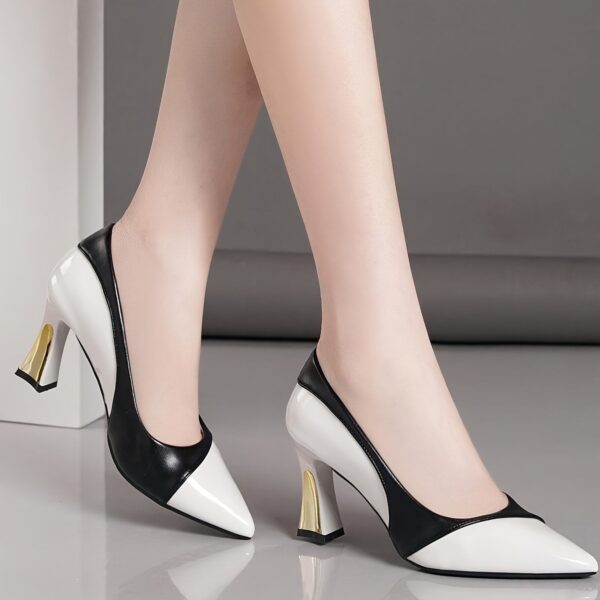 Women'S Black & White Pointed Toe High Heel Pumps - Comfortable Slip-On Dress Shoes with Thick Rubber Sole, Synthetic Cover Upper & Insole for Fall Season, Stylish Low-Cut Design, Low-Cut Footwear | Elegant Footwear | Durable Footwea - Image 4