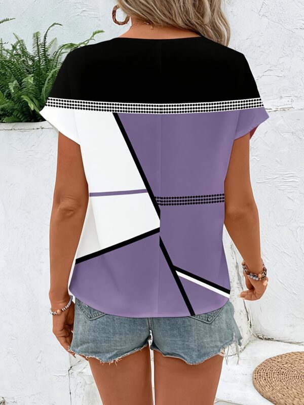 Women's Casual Geometric Print Round Neck Shirt - Black & Purple Plaid with White Accents, Lightweight Machine-Washable Top for Spring Summer Fall, Versatile for Casual & Dressy Outfits, Ladies Shirts And Tops, Seasonal Fashion, Nontransparent Fabric - Image 2