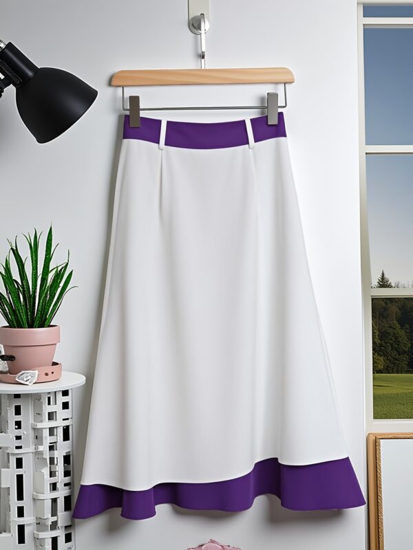 Elegant Purple and White Checkered High-Waist Skirt for Women - Long, Flared Design with Belt Loops, All-Season Fashion, A-Line Fit, Stylish Office Attire|Classy Skirt|Flared Hemline, Plus Size Skirt - Image 2