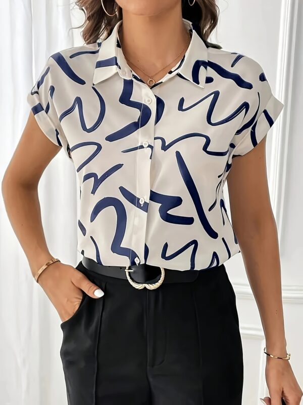 Women's Elegant Geometric Print Collar Batwing Sleeve Blouse - Summer Short Sleeve Shirt with Bold Blue & White Pattern, Machine Washable Regular Fit Top for Casual & Formal Wear, Ladies Blouses - Image 4
