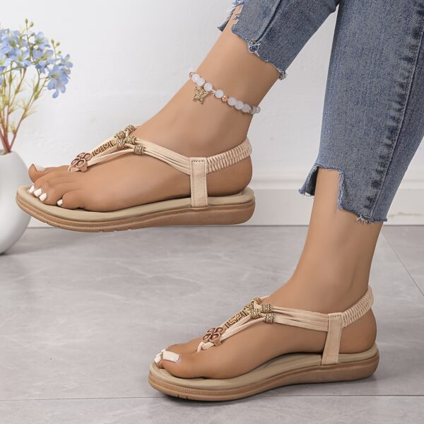 Women's Elegant Boho Chic Flat Sandals - Elastic T-Strap Slippers, Open Toe, White Braided Design, Comfortable for Casual Wear, Strappy Sandals - Image 7