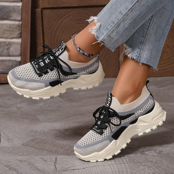 Women's Fashion Breathable Mesh Sneakers - Comfortable Low-Top Casual Lace-Up, Thick Sole Sneakers in Black/White, Beige/Grey, and Blue/Pink, Geometric Pattern, All-Season Wear - Image 7