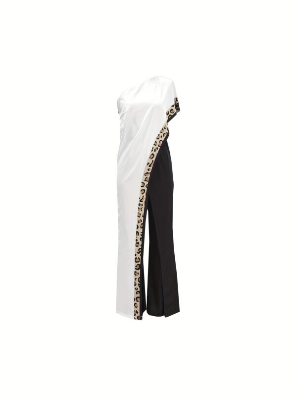 Women'S Elegant Off-Shoulder Jumpsuit with Leopard Print Trim - Chic Short Sleeve, Long Pants, Belted, Geometric Pattern, Summer Style, Black & White, Casual Chic, Elegant Offduty Jumpsuit | Chic Offshoulder Style | Strapless Design, Jumpsuit for Women - Image 3