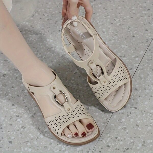 Women's Summer Wedge Heel Comfort Sandals - Metal Buckle, Perforated, Elastic Ankle Strap, Breathable, Daily Commute & Walking - Image 19