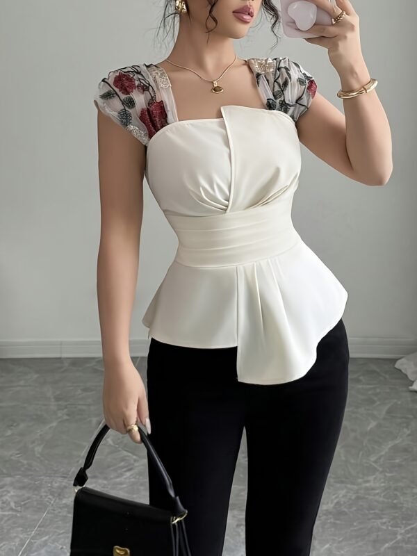 Women's Elegant Blouse - Non-Transparent Structured fabric Top for Formal & Everyday Outfits, Machine Washable Office or Party Shirt - Elegant Special Line Women's Clothing, Nontransparent Apparel, Sophisticated Texture, Intricate Embroidery