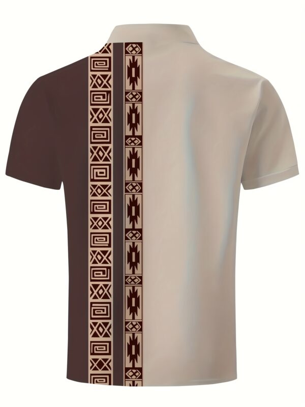 Men's Summer Casual Shirt - Ethnic Geometric Contrast Color Block Design, Asymmetrical Print, Stand-Up Collar & Button Detail, Breathable Short Sleeve for Business Casual & Casual Attire, Durable Fabric Tee, Machine Washable Top - Image 5