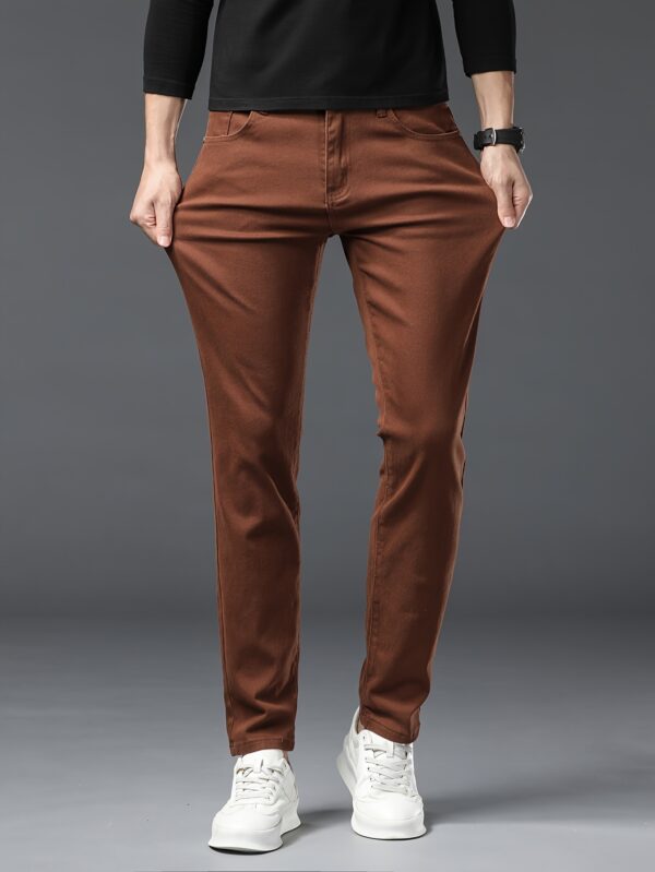 Men's Premium Coffee-Colored Straight-Leg Jeans, Stretch Denim, Cotton Blend, Machine Washable - All Seasons, Spring Autumn, Fashion - Image 3