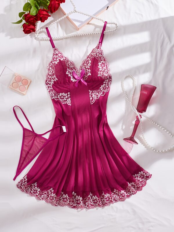 V-neck Two-Tone Lace Sheer Mesh Bow Halter Dress + Thong Set, Sexy Fashion Women's Lingerie Sleepwear - Image 2