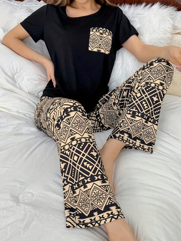 Women's Geometric Print Casual Pajama Set, Short Sleeve Round Neck Top & Pants, Comfortable Relaxed Fit - Image 12
