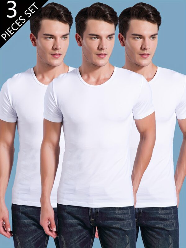 Three Men'S Short-Sleeve Solid Color T-Shirts in Black And White, Lightweight, Breathable, Comfortable for Sports And Casual Wear, Featuring a Round Neck And a Simple, Stylish Design. - Image 2