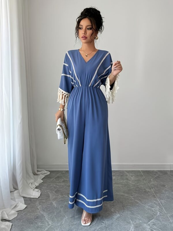 Women'S Elegant V-Neck Jumpsuit with Tassel Sleeves and Ruched Waist - Light Blue Summer Romper for Vacation or Casual Outings, Casual Summer Wear | Ruched Waist Design | Texture - Image 9