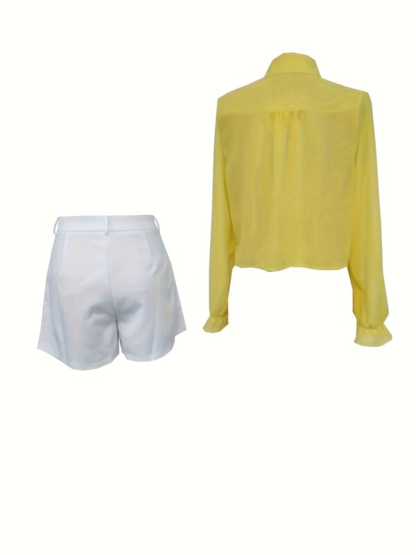 Women's Lapel Neckline Sheer Top Shirt White Casual Pants Set 2pcs Spring Summer Suit NS702 - Image 4