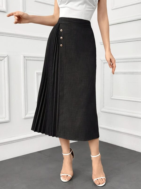 Elegant Dark Blue Pleated Midi Skirt with Front Button Detail - High-Waisted, Non-Stretch Polyester Blend for Women - Perfect for Spring & Summer Office or Casual Wear, Spring Attire | Highwaisted Skirt | Smooth Appearance - Image 8