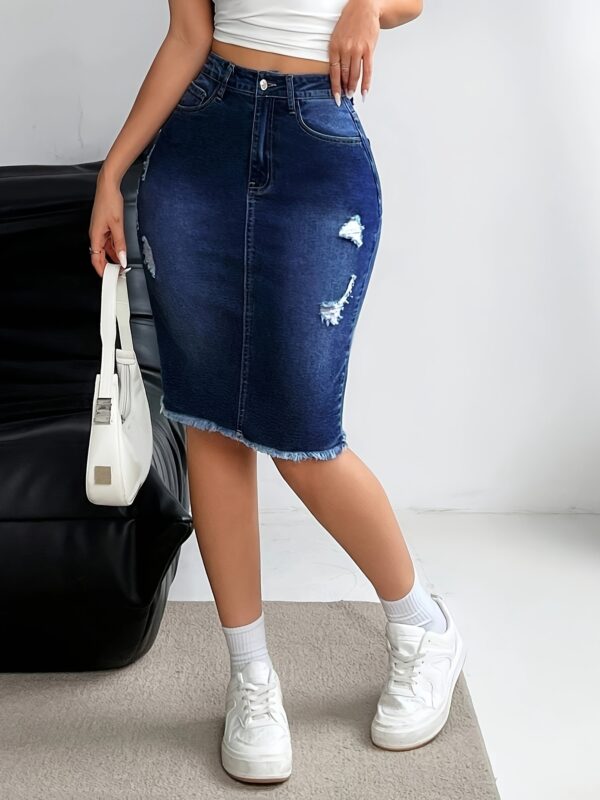Women's Casual Distressed Knee-Length Denim Skirt - Mid-Stretch Machine-Washable Pencil Skirt for Spring Summer Fall, Regular Fit Solid Color Casual Attire, Seasonal Fashion, Medium Elasticity - Image 5