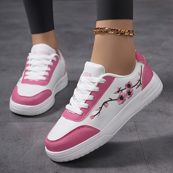 Women'S Floral Embroidered White Sneakers - Low-Top Lace-Up Casual Shoes with Pink Accents, Breathable Fabric Lining & Cushioned PHYLON Sole for All-Season Comfort, Running, Travel, Casual Attire, Ladies Sneakers, Travel Footwear, Elegant Footwear, Durable Footwear - Image 8