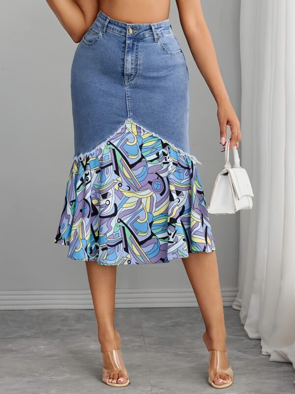 Vintage Stretch Denim Midi Skirt with Chiffon Overlay and Unique Asymmetrical Hem - Mid-Rise, Fishtail Design, Machine Washable - Light Blue to Dark Purple Gradient, Abstract Patterns, Spring/Summer/Fall Women’s Fashion, Fall Casual Wear | Comfortable Midrise